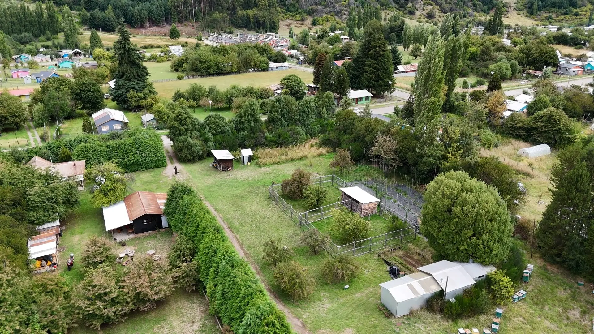 Vista aérea del predio, sector del gallinero y planta de miel